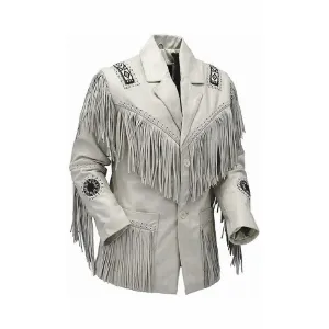 Western White Leather Fringe Beaded Jacket for Men MWJ455