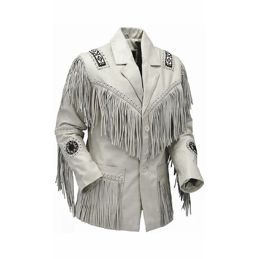 Western White Leather Fringe Beaded Jacket for Men MWJ455