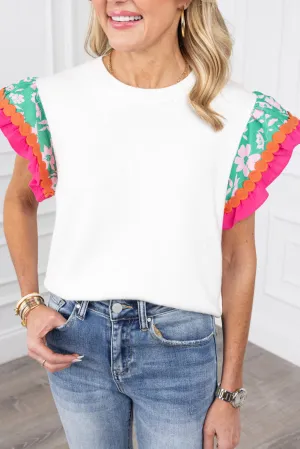 White Contrast Ricrac Floral Sleeve Top