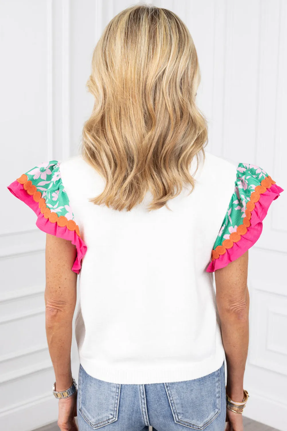 White Contrast Ricrac Floral Sleeve Top