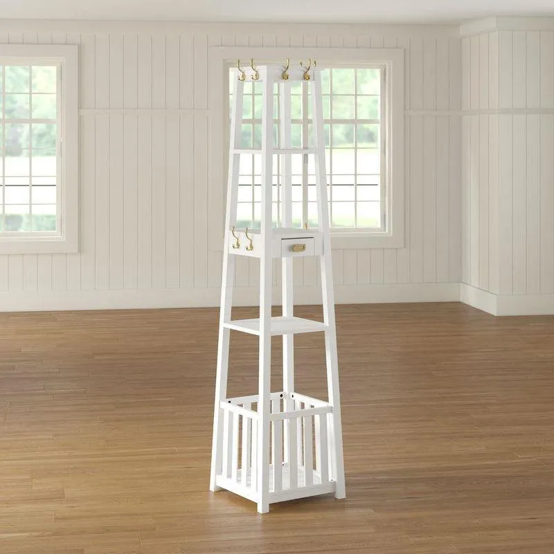 White Entryway Shelf Drawer Coat Rack Hall Storage Tree