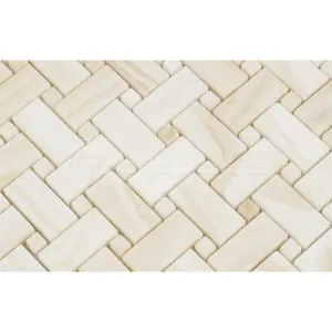 White Onyx Basketweave Mosaic Tile with White Onyx Dots, Vein-Cut, Polished - Box of 5 Sheets