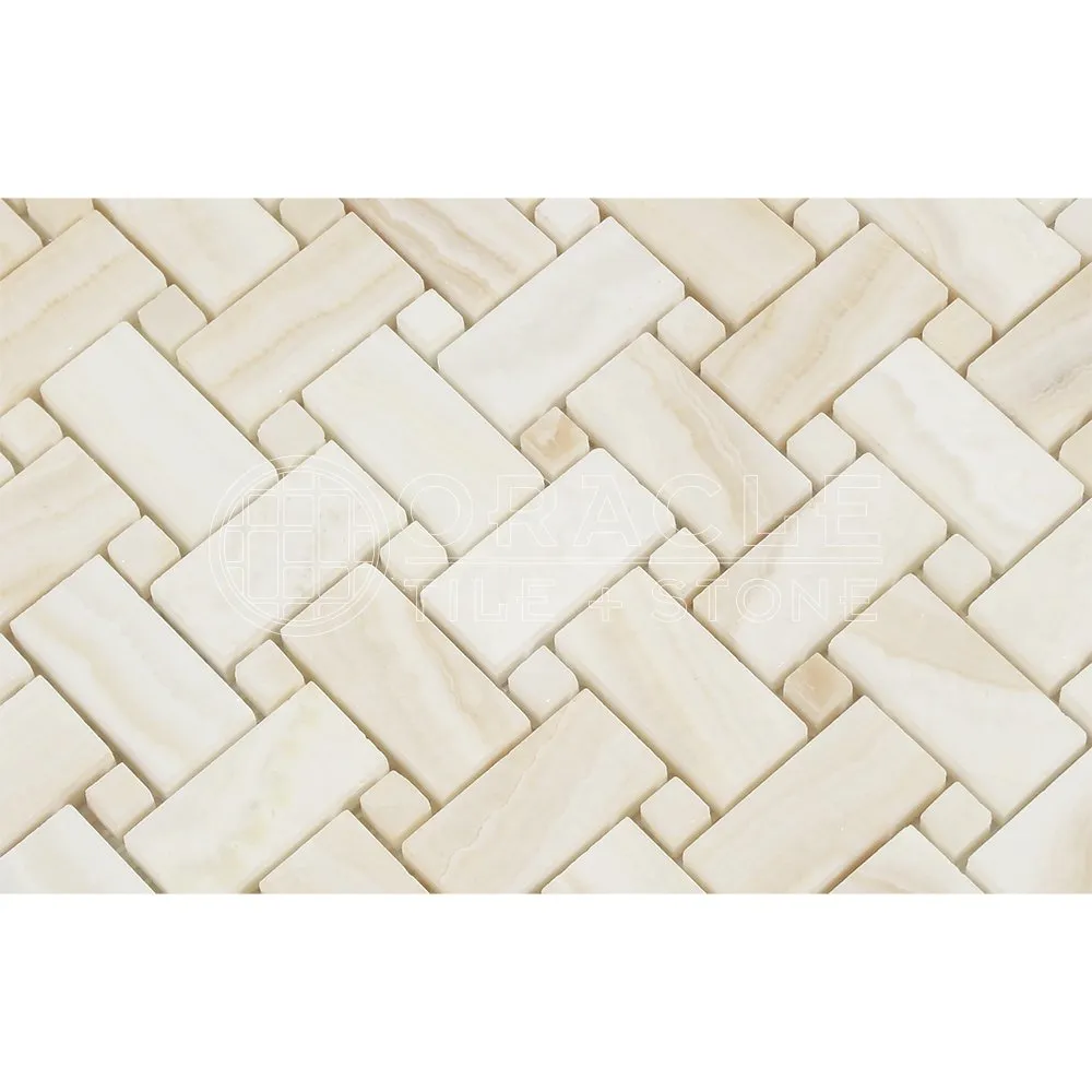 White Onyx Basketweave Mosaic Tile with White Onyx Dots, Vein-Cut, Polished - Box of 5 Sheets