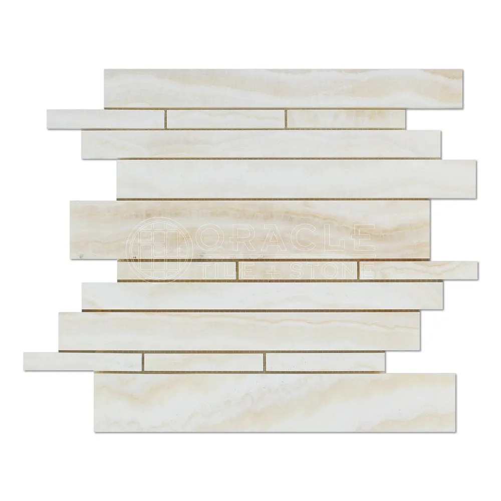 White Onyx Random Strip Mosaic Tile, Cross-Cut, Polished - Box of 5 Sheets