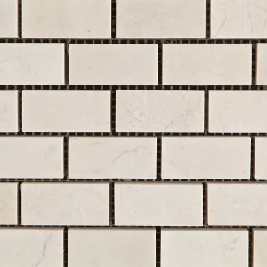 White Pearl / Botticino Marble 1 X 2 Polished Brick Mosaic Tile - Lot of 50 Sheets