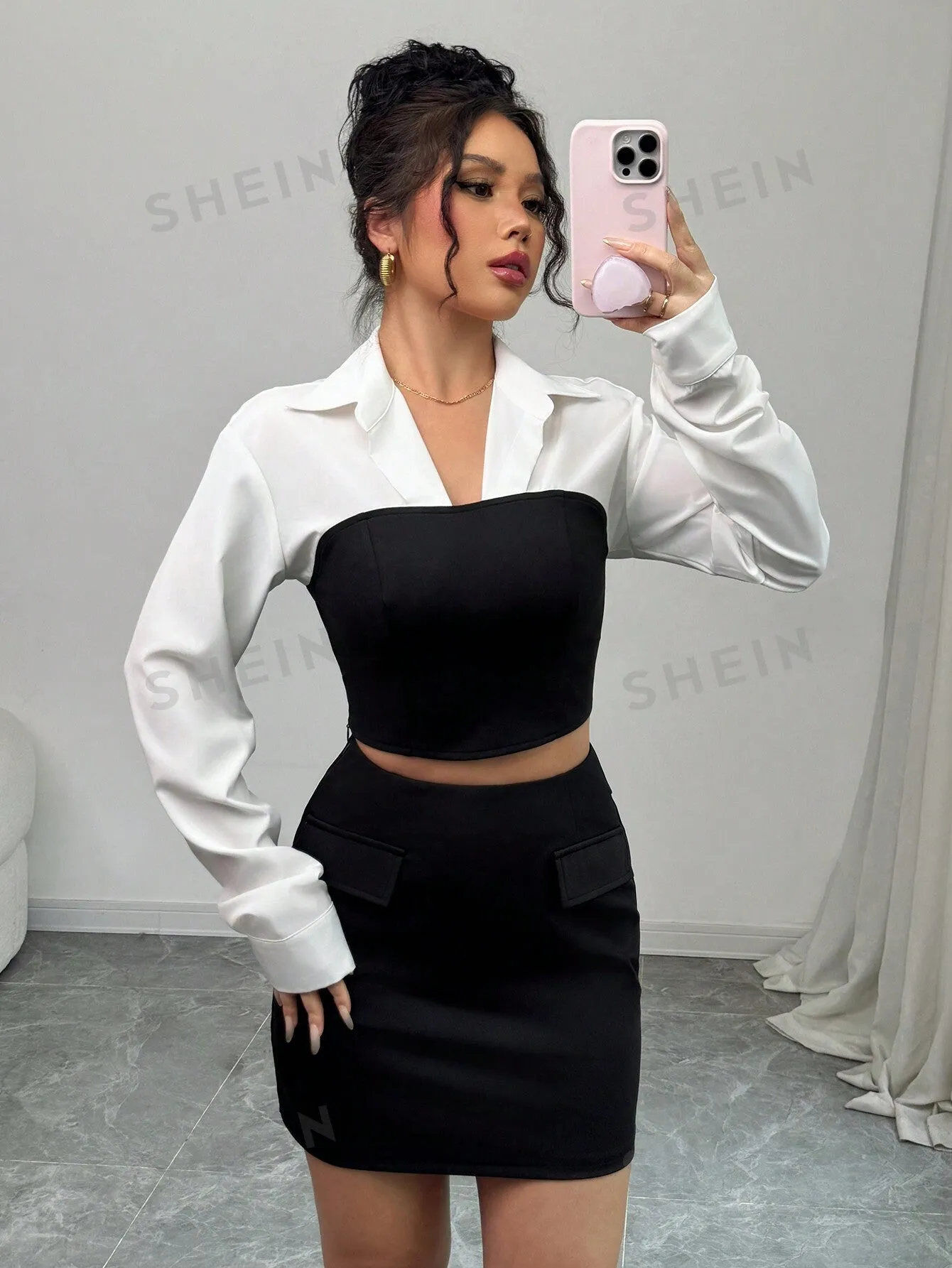 Women Elegant Patchwork Vintage Style Top And Skirt 2-Piece Set