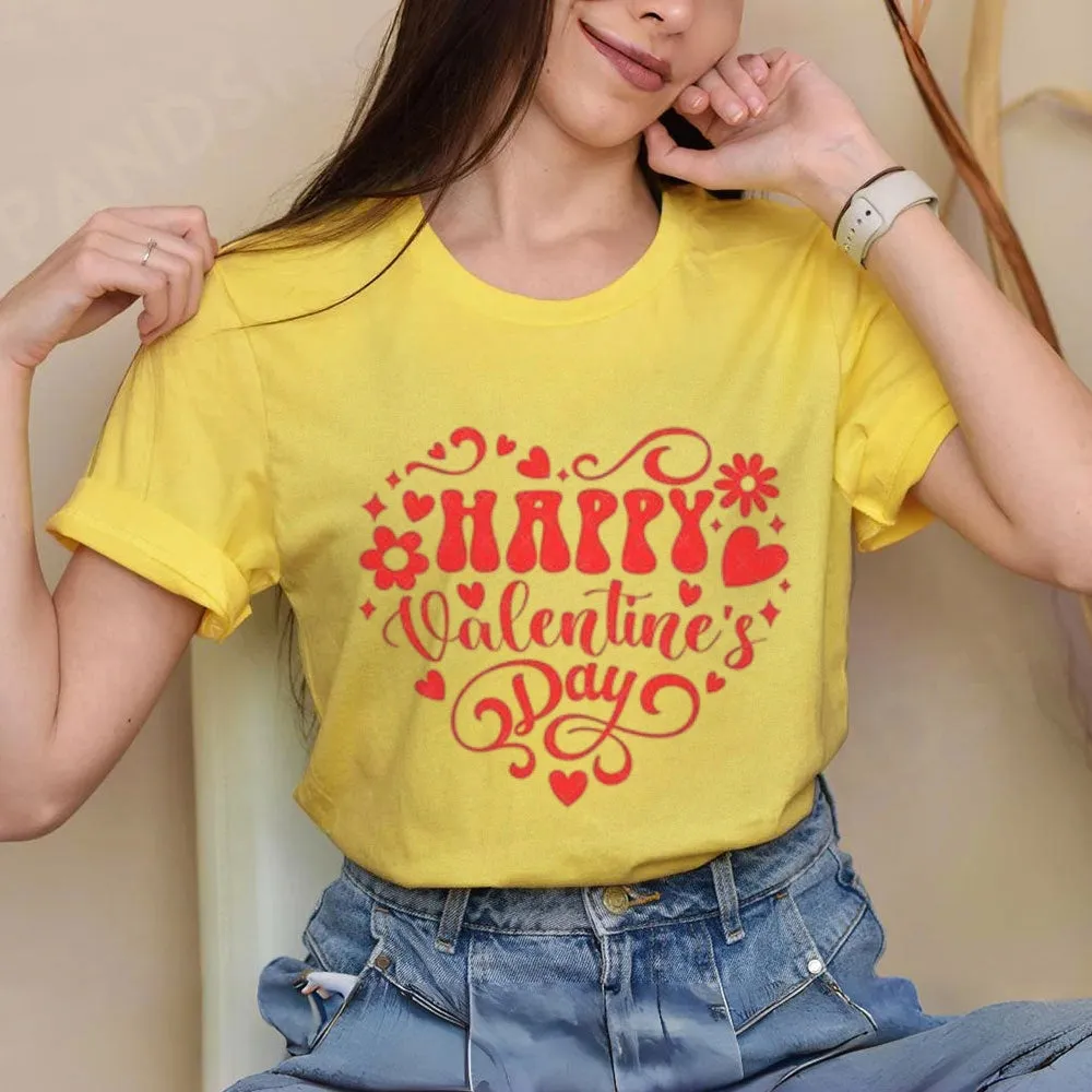 Women Happy Valentine's Day Heart Shape Print Graphic T-shirt