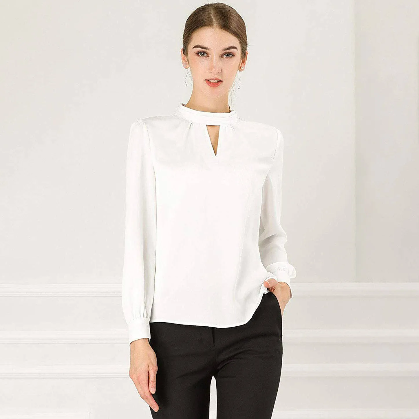 Women's Office Silk Shirt  Keyhole Neck Long Sleeve Silk Blouses