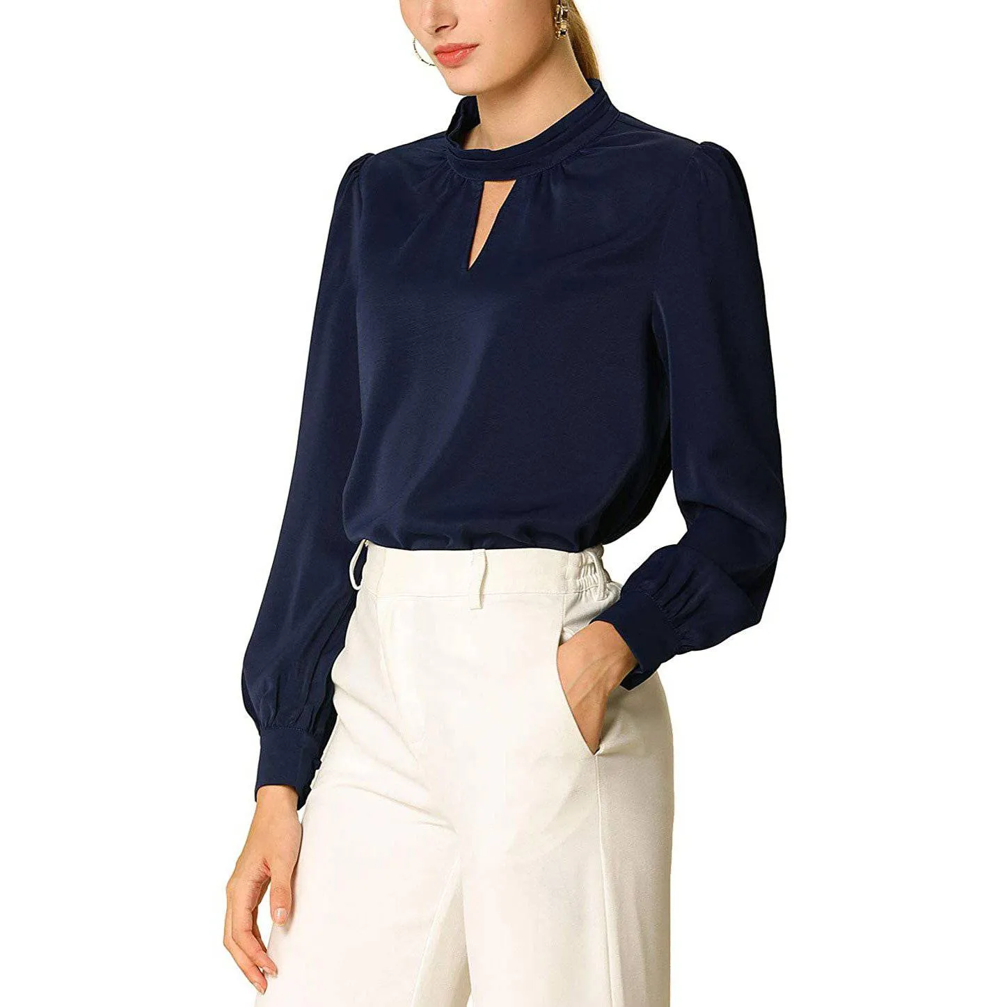 Women's Office Silk Shirt  Keyhole Neck Long Sleeve Silk Blouses