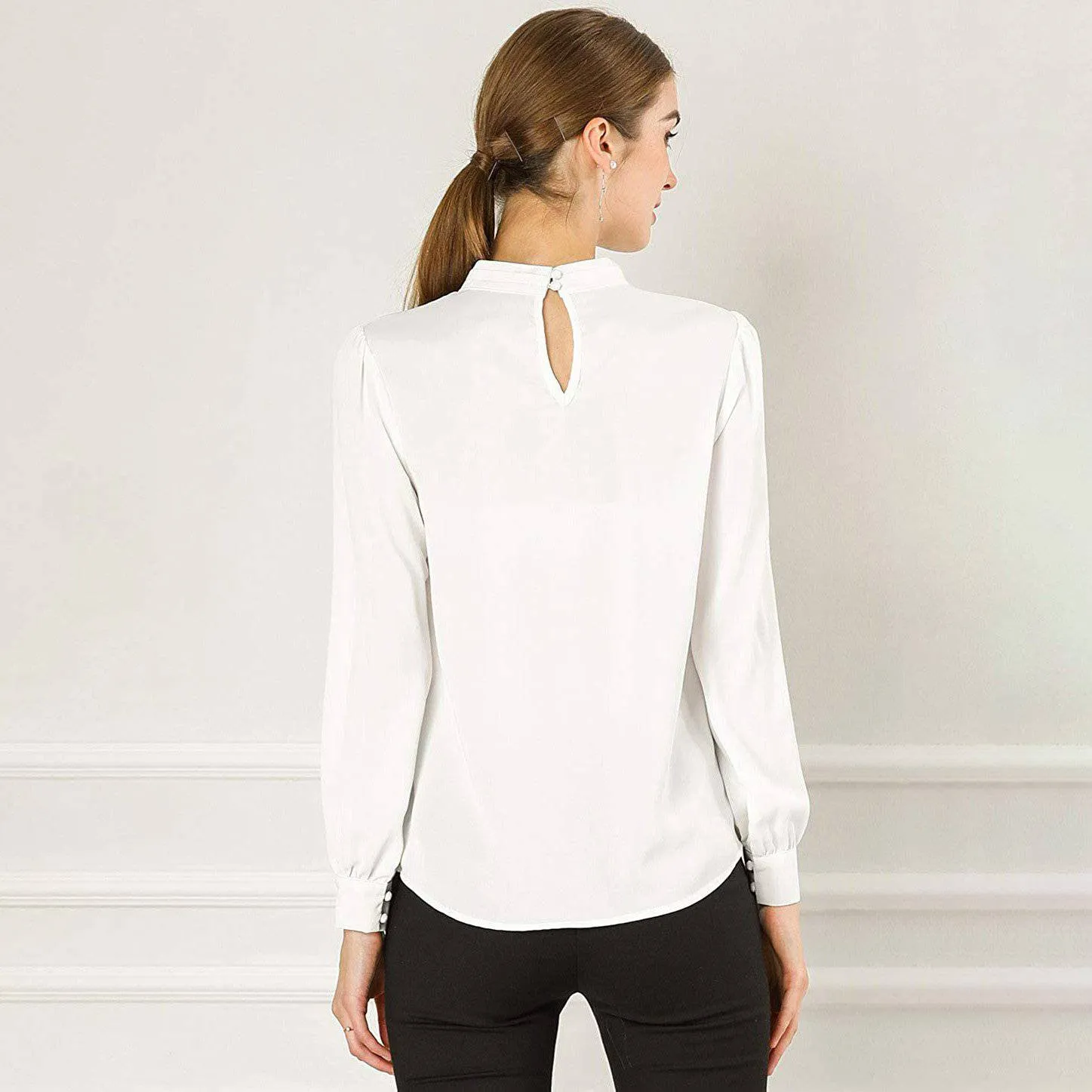 Women's Office Silk Shirt  Keyhole Neck Long Sleeve Silk Blouses