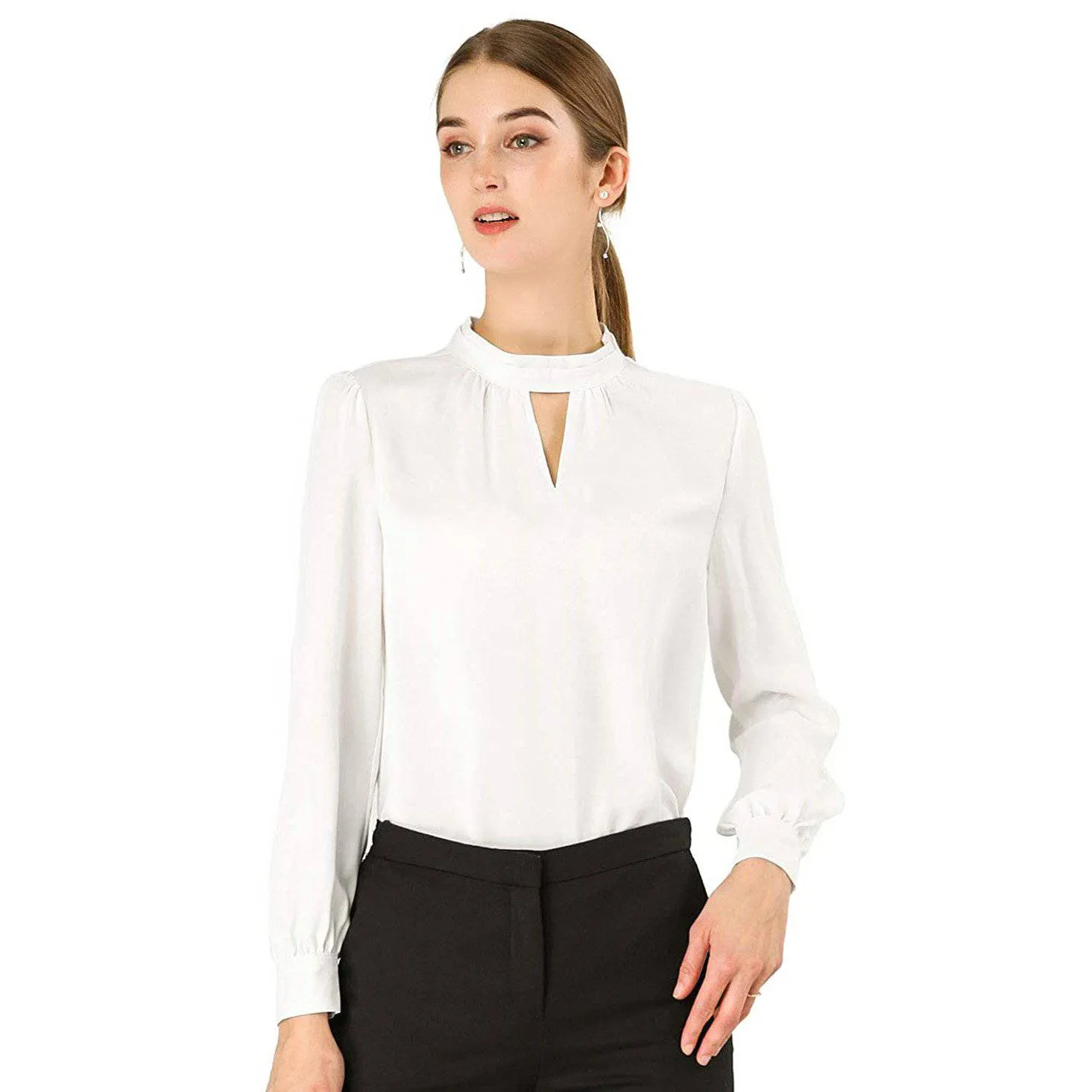 Women's Office Silk Shirt  Keyhole Neck Long Sleeve Silk Blouses