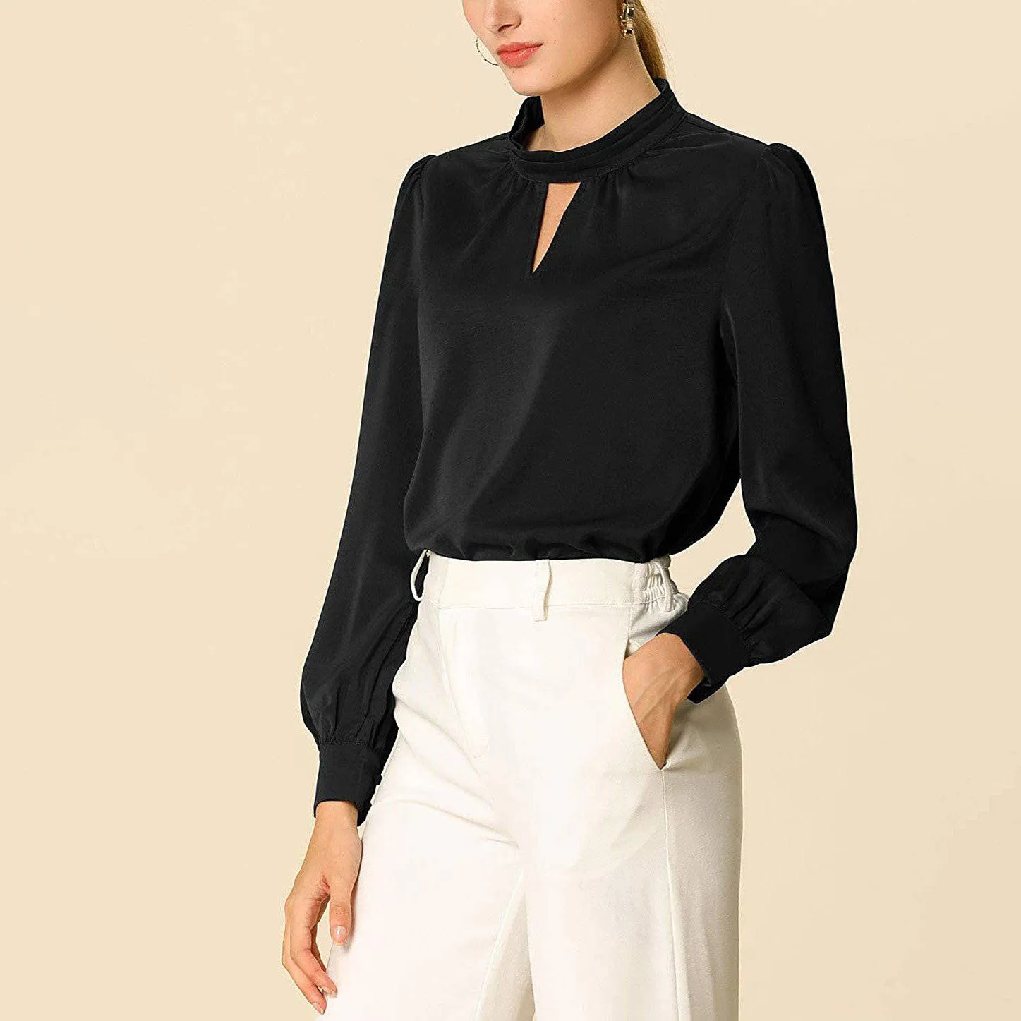 Women's Office Silk Shirt  Keyhole Neck Long Sleeve Silk Blouses