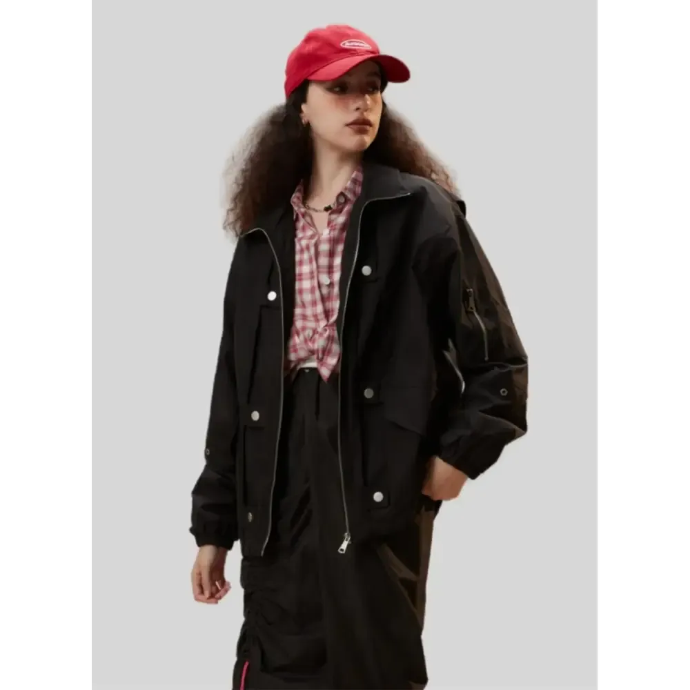 Y2K Black Zipper Denim Jacket for Versatile Streetwear Style