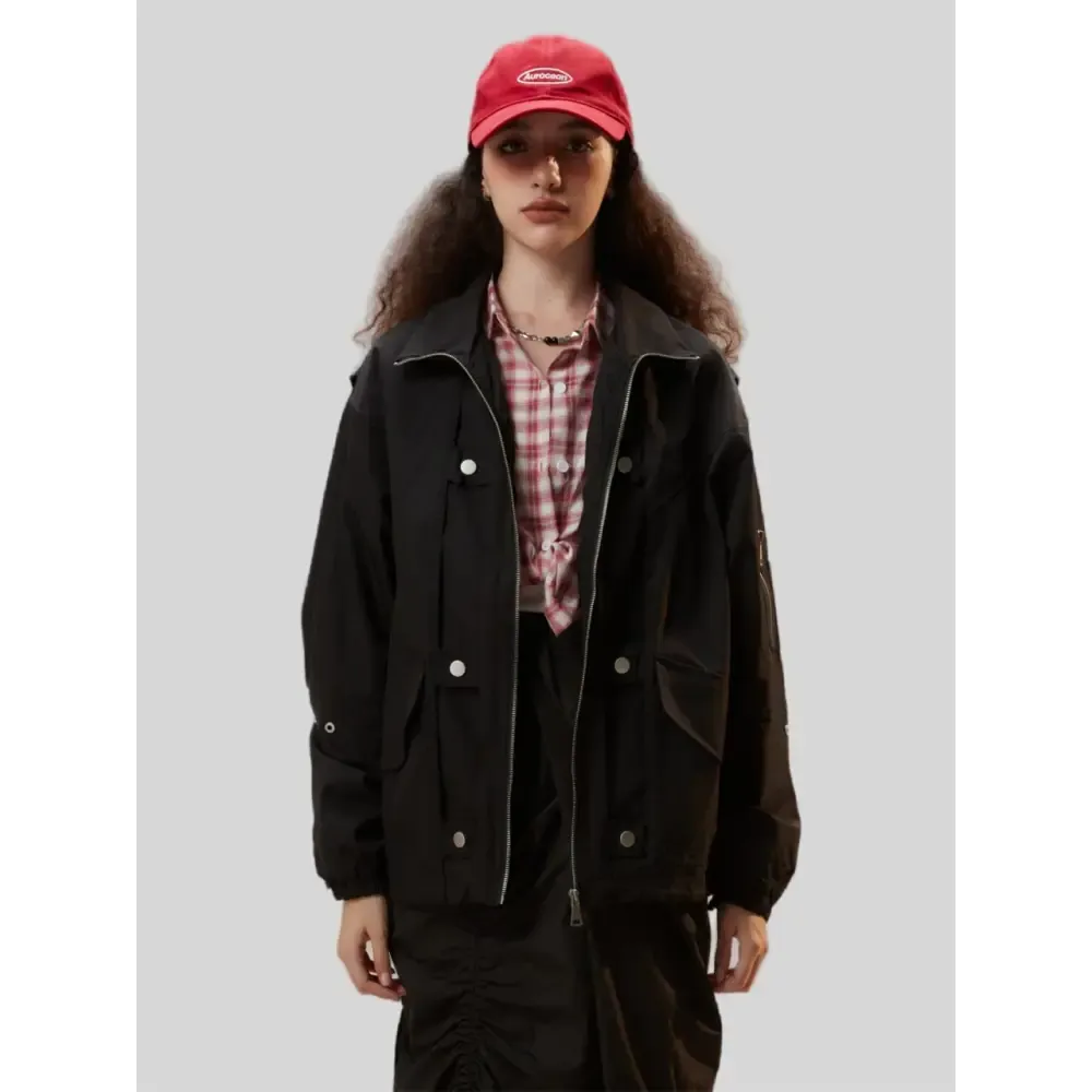 Y2K Black Zipper Denim Jacket for Versatile Streetwear Style