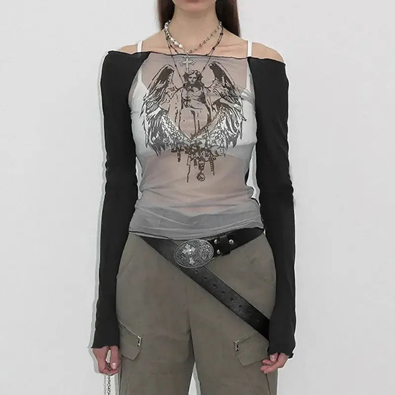 Y2K Hand-Painted Mesh Tee with Full Zip and Regular Sleeves