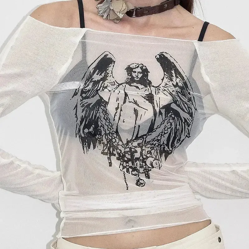 Y2K Hand-Painted Mesh Tee with Full Zip and Regular Sleeves
