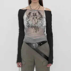 Y2K Hand-Painted Mesh Tee with Full Zip and Regular Sleeves