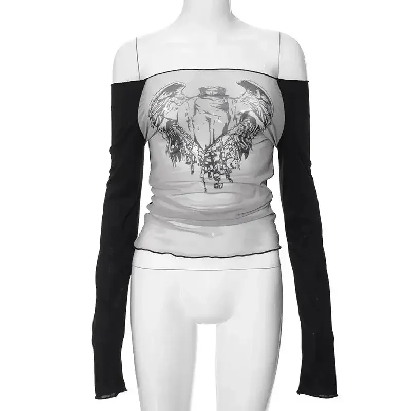 Y2K Hand-Painted Mesh Tee with Full Zip and Regular Sleeves