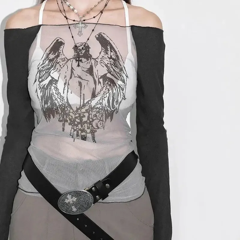Y2K Hand-Painted Mesh Tee with Full Zip and Regular Sleeves