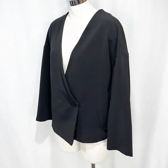 Zara Black Minimalist Moto Jacket Side Buckles V-Neck Medium