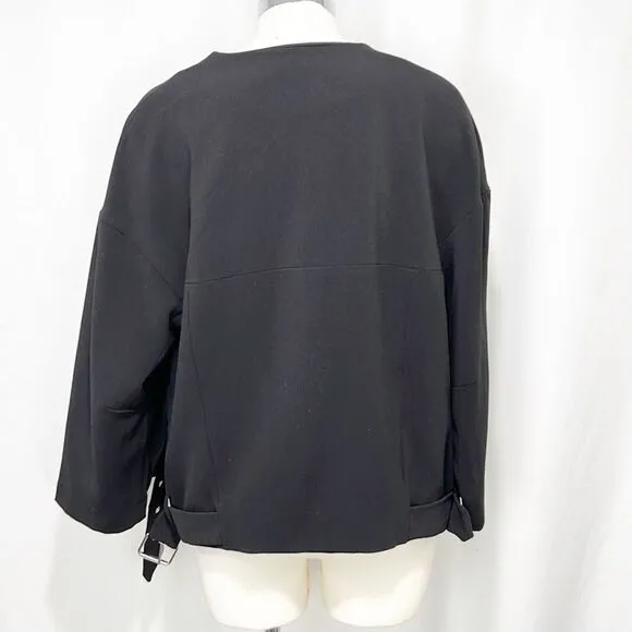 Zara Black Minimalist Moto Jacket Side Buckles V-Neck Medium